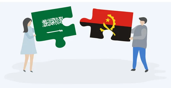 Par Holder Puslespil Stykker Med Saudiarabiske Angolanske Flag Saudi Arabien – Stock-vektor