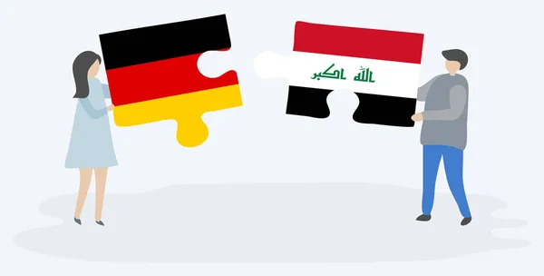 Ζευγάρι Που Κρατά Δύο Κομμάτια Παζλ Γερμανικές Και Ιρακινές Σημαίες — Διανυσματικό Αρχείο