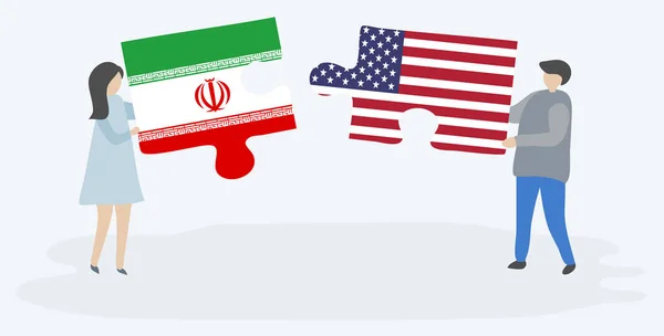 Dvojice Držela Dvě Skládanky Íránskými Americkými Vlajkami Národní Symboly Íránu — Stockový vektor