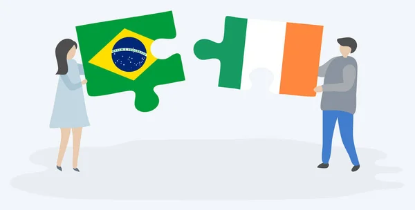 Casal Segurando Duas Peças Quebra Cabeças Com Bandeiras Brasileiras Irlandesas — Vetor de Stock