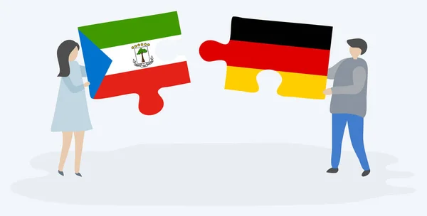 Paar Houden Twee Puzzels Stukken Met Equatoriale Guinean Duitse Vlaggen — Stockvector