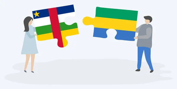 一对夫妇拿着两块带有中非和加蓬国旗的拼图 中非共和国和加蓬国家符号在一起 — 图库矢量图片