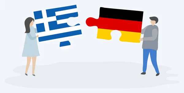 Couple Holding Two Puzzles Pieces Greek German Flags Greece Germany — Stock Vector