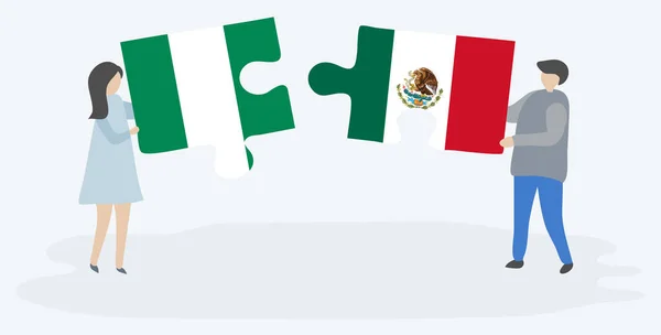 ナイジェリアとメキシコの旗を持つ2つのパズルのピースを保持しているカップル ナイジェリアとメキシコの国のシンボル — ストックベクタ