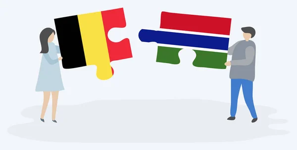 Paar Houden Twee Puzzels Stukken Met Belgische Gambian Vlaggen België — Stockvector