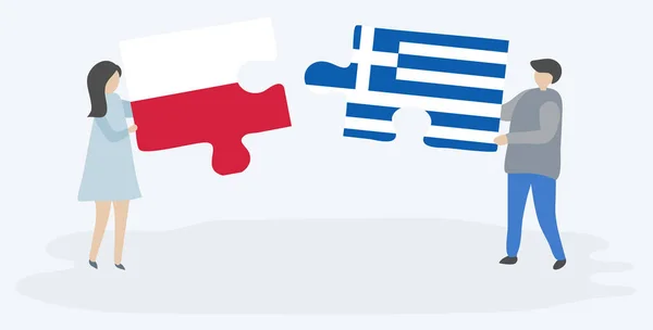 Casal Segurando Dois Quebra Cabeças Peças Com Bandeiras Polonesas Gregas — Vetor de Stock