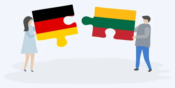 Couple Holding Two Puzzles Pieces German Lithuanian Flags Germany Lithuania — Stock Vector