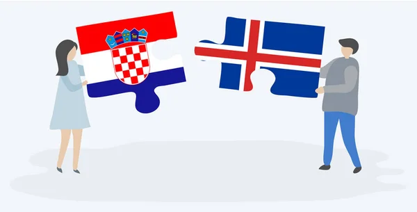 Casal Segurando Duas Peças Quebra Cabeças Com Bandeiras Croatas Islandesas — Vetor de Stock