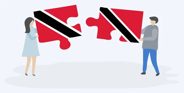 Casal Segurando Duas Peças Quebra Cabeças Com Bandeiras Trinidadianas Trinidadianas — Vetor de Stock