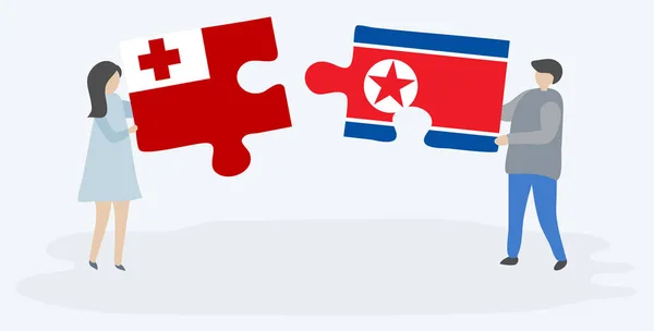 Coppia Contenente Due Pezzi Puzzle Con Bandiere Tongane Nordcoreane Simboli — Vettoriale Stock