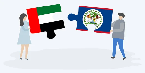 Paar Mit Zwei Puzzleteilen Mit Emirischen Und Belizischen Flaggen Vereinte — Stockvektor