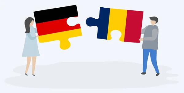 Couple Tenant Deux Pièces Puzzles Avec Des Drapeaux Allemands Tchadiens — Image vectorielle