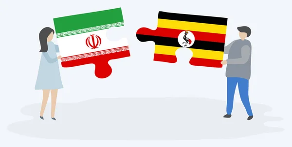 Couple Holding Two Puzzles Pieces Iranian Ugandan Flags Iran Uganda — Stock Vector