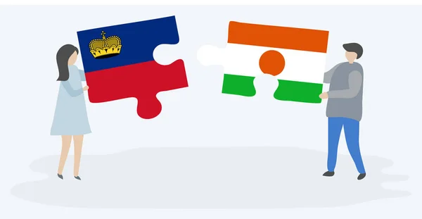 Liechtenstein Nijer Bayrakları Ile Iki Bulmaca Parçaları Tutan Çift Liechtenstein — Stok Vektör