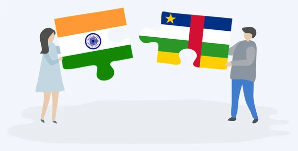 Couple Tenant Deux Pièces Puzzles Avec Des Drapeaux Indiens Centrafricains — Image vectorielle