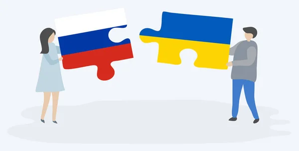 Rus Ukrayna Bayrakları Ile Iki Bulmaca Parçaları Tutan Çift Rusya — Stok Vektör