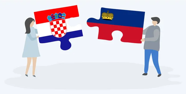 Casal Segurando Duas Peças Quebra Cabeças Com Bandeiras Croatas Liechtenstein — Vetor de Stock