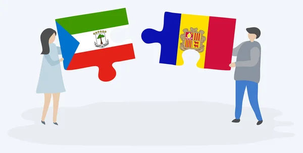 一对夫妇拿着两块拼图 上面挂着赤道几内亚和安道尔国旗 赤道几内亚和安道尔国家符号在一起 — 图库矢量图片