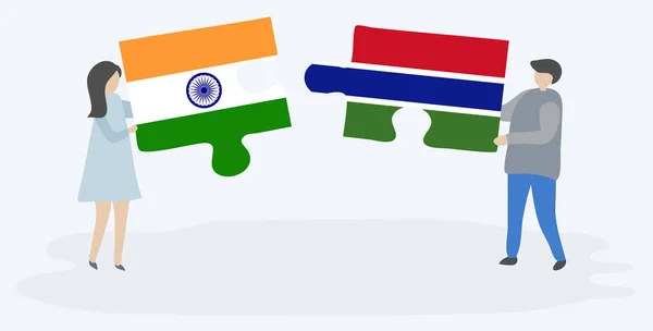 インドとガンビアの旗を持つ2つのパズルのピースを保持しているカップル インドとガンビアのシンボルが一緒に — ストックベクタ