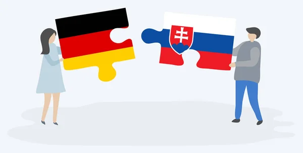 Ζευγάρι Που Κρατά Δύο Κομμάτια Παζλ Γερμανικές Και Σλοβακικές Σημαίες — Διανυσματικό Αρχείο