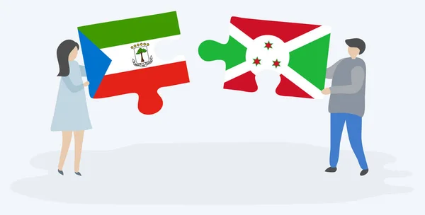 一对夫妇拿着两块拼图 上面挂着赤道几内亚和布隆迪国旗 赤道几内亚和布隆迪国家符号在一起 — 图库矢量图片