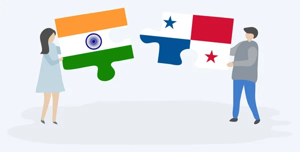 インドとパナマの旗を持つ2つのパズルピースを保持しているカップル インドとパナマのシンボルが一緒に — ストックベクタ