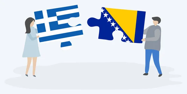 Couple Tenant Deux Pièces Puzzles Avec Des Drapeaux Grecs Bosniaques — Image vectorielle