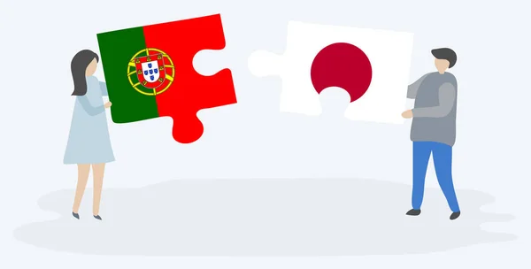 Casal Com Duas Peças Puzzles Com Bandeiras Portuguesas Japonesas Portugal — Vetor de Stock