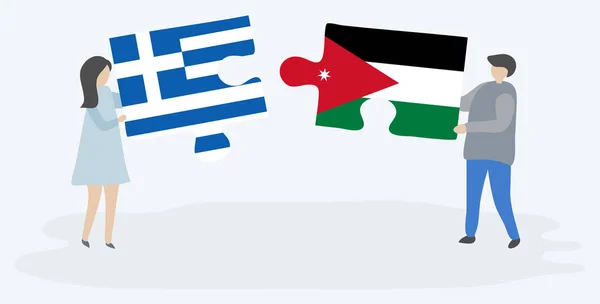 ギリシャとヨルダンの旗を持つ2つのパズルのピースを保持しているカップル ギリシャとヨルダンのシンボルが一緒に — ストックベクタ