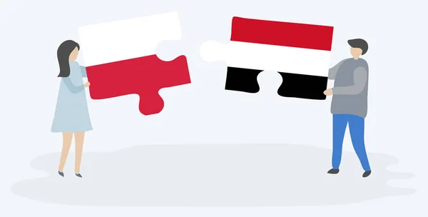 Pareja Sosteniendo Dos Piezas Rompecabezas Con Banderas Polacas Yemeníes Polonia — Archivo Imágenes Vectoriales