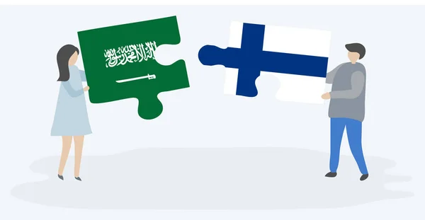 サウジアラビアとフィンランドの旗で2つのパズルのピースを保持しているカップル サウジアラビアとフィンランドの国のシンボル — ストックベクタ