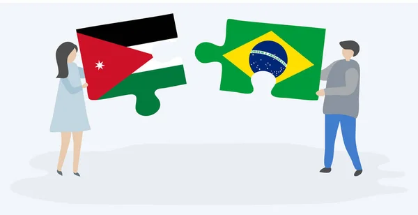 Couple Tenant Deux Pièces Puzzles Avec Des Drapeaux Jordaniens Brésiliens — Image vectorielle