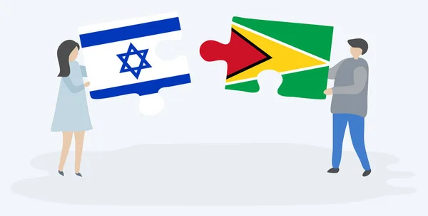 Casal Segurando Duas Peças Quebra Cabeças Com Bandeiras Israelenses Guianenses —  Vetores de Stock