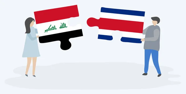 Pareja Sosteniendo Dos Piezas Rompecabezas Con Banderas Iraquíes Costarricenses Iraq — Vector de stock