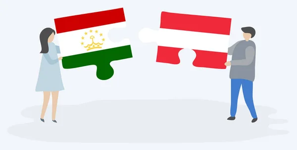 Casal Segurando Duas Peças Quebra Cabeças Com Bandeiras Tajiquistanesas Austríacas —  Vetores de Stock