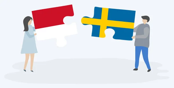 Ζευγάρι Που Κρατά Δύο Κομμάτια Παζλ Ινδονησιακή Και Σουηδική Σημαίες — Διανυσματικό Αρχείο