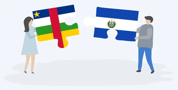 Couple Tenant Deux Pièces Puzzles Avec Des Drapeaux Centrafricains Salvadoriens — Image vectorielle