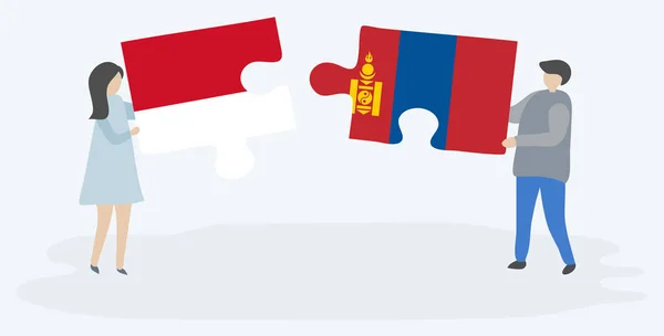 Endonezya Moğol Bayrakları Ile Iki Bulmaca Parçaları Tutan Çift Endonezya — Stok Vektör