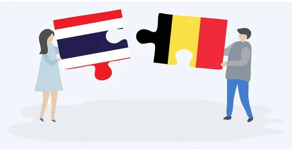 Couple Holding Two Puzzles Pieces Thai Belgian Flags Thailand Belgium — Stock Vector