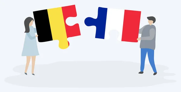 Paar Mit Zwei Puzzleteilen Mit Belgischen Und Französischen Flaggen Belgische — Stockvektor