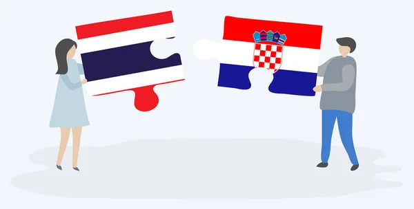 Pareja Sosteniendo Dos Piezas Rompecabezas Con Banderas Tailandesas Croatas Tailandia — Archivo Imágenes Vectoriales
