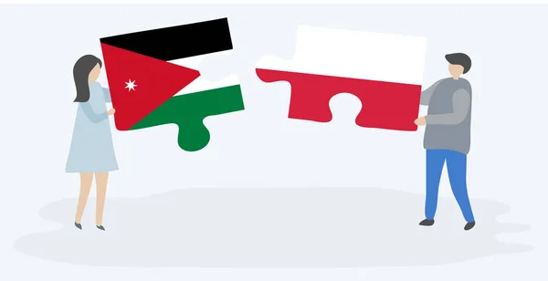 ヨルダンとポーランドの旗で2つのパズルのピースを保持しているカップル ヨルダンとポーランドのシンボル — ストックベクタ