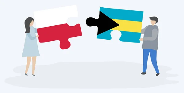 一对夫妇拿着两个拼图片与波兰和巴哈马国旗 波兰和巴哈马国家符号在一起 — 图库矢量图片