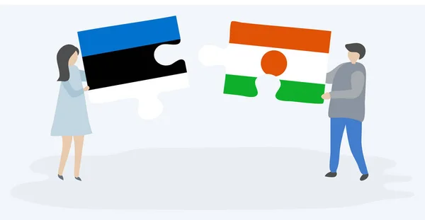 Par Som Innehar Två Pusselbitar Med Estniska Och Nigerien Flaggor — Stock vektor