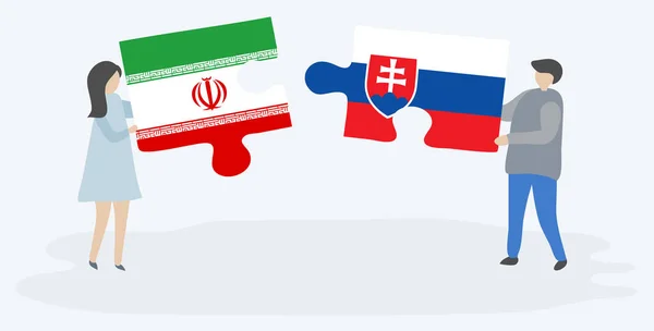 イランとスロバキアの旗を持つ2つのパズルピースを保持しているカップル イランとスロバキアの国旗 — ストックベクタ