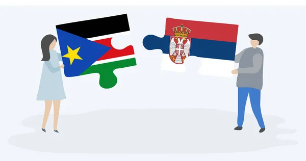 Coppia Con Due Pezzi Puzzle Con Bandiere Sudanesi Serbe Sud — Vettoriale Stock