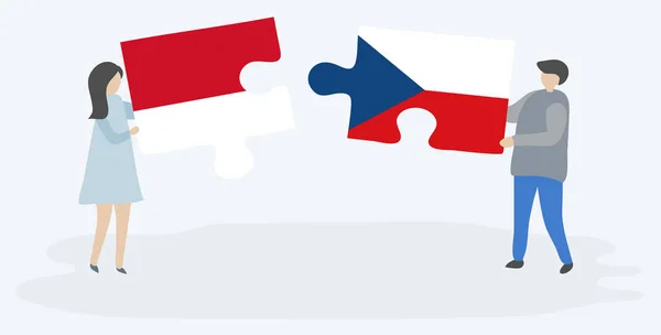 Para Trzymania Dwóch Puzzli Indonezyjskich Czeskich Flag Symbole Narodowe Indonezji — Wektor stockowy