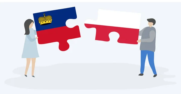 Pareja Sosteniendo Dos Piezas Rompecabezas Con Liechtenstein Banderas Polacas Liechtenstein — Vector de stock