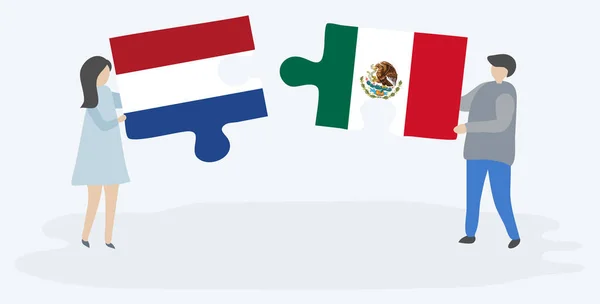 Pareja Sosteniendo Dos Piezas Rompecabezas Con Banderas Holandesas Mexicanas Países — Vector de stock