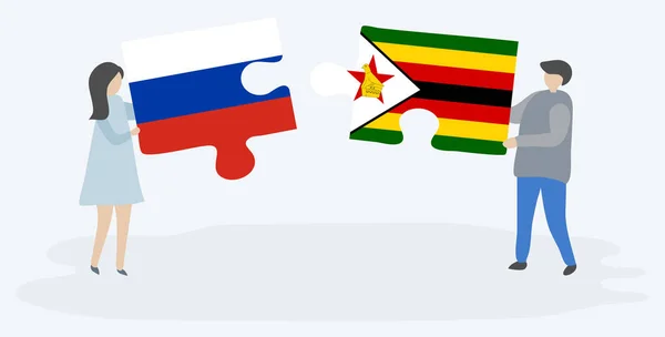 Couple Tenant Deux Pièces Puzzles Avec Des Drapeaux Russes Zimbabwéens — Image vectorielle